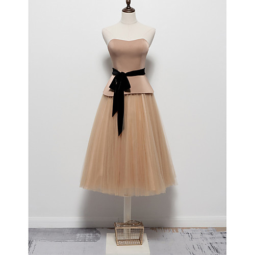 

A-Line Elegant Vintage Party Wear Cocktail Party Dress Sweetheart Neckline Sleeveless Tea Length Tulle with Bow(s) Pleats 2021