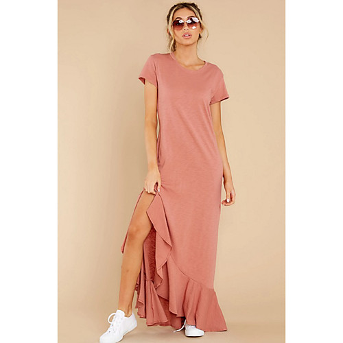 

Women's Trumpet / Mermaid Dress Maxi long Dress Black Purple Red Blushing Pink Gray Short Sleeve Solid Color Ruffle Pocket Patchwork Spring Summer Round Neck Casual Cotton 2021 S M L XL