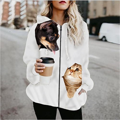 

Women's Print Patchwork Active Spring & Fall Hoodied Jacket Regular Sports Long Sleeve Cotton Blend Coat Tops White