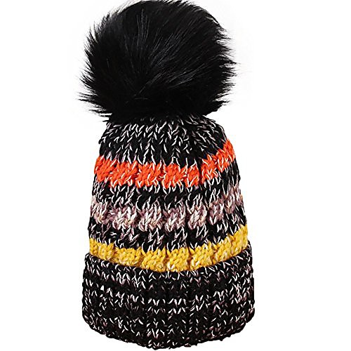 

Winter Cute Womens Thicken Plus Plush Skull Beanies Warm Windproof Knitted Hairball Hat for Outdoor Travel(Black)