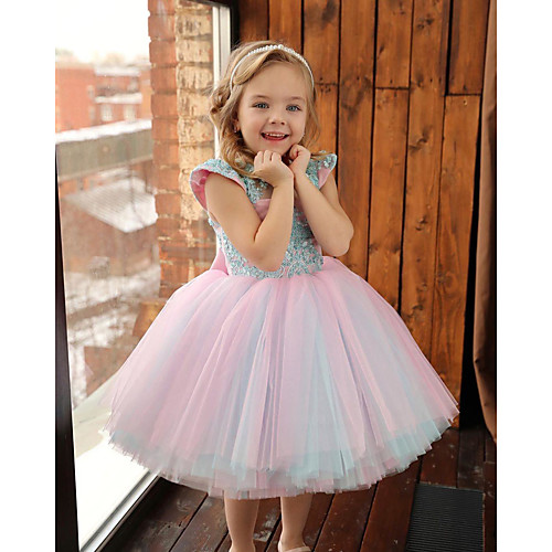 

Princess / Ball Gown Knee Length Wedding / Party Flower Girl Dresses - Lace / Tulle Short Sleeve Jewel Neck with Appliques / Color Block
