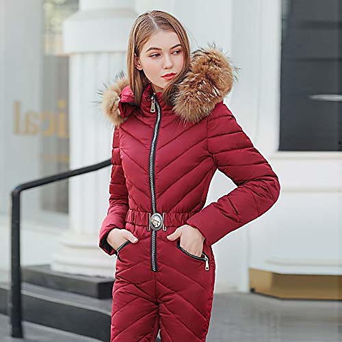 

Women Ski Suit Jumpsuit Down Jacket Hooded Thickened Coveralls Winter Outdoor Windproof Snowsuits for Snow Sports,Red,L
