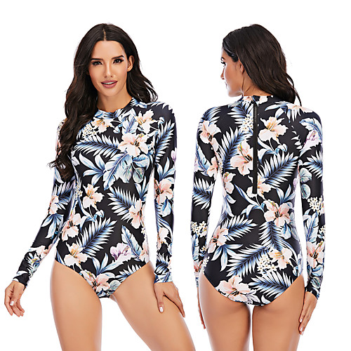 

Women's One Piece Swimsuit Rash Guard Elastane Swimwear Breathable Quick Dry Long Sleeve Back Zip - Swimming Surfing Water Sports Painting Autumn / Fall Spring Summer