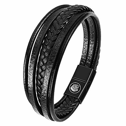 

mens leather bracelet – classic handmade multi-layer leather braided black cuff bracelet with engraved magnetic clasp free jewelry gift boxed (20.5)