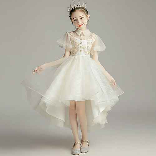 

Princess Asymmetrical Wedding / Event / Party Flower Girl Dresses - Tulle Short Sleeve Jewel Neck with Sash / Ribbon / Buttons / Appliques