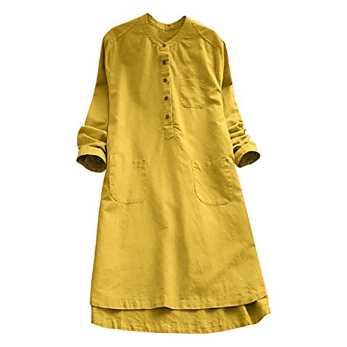 

Retro Long Sleeve Dress Loose Button Tops Blouse 2020 Fall Shirt Mini Dress (2XL, Yellow)