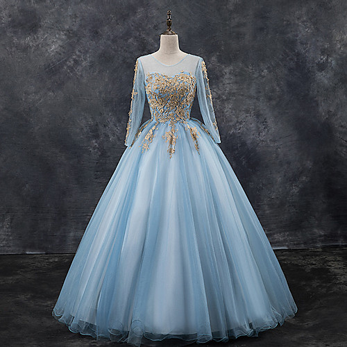 

Ball Gown Luxurious Floral Quinceanera Prom Dress Illusion Neck Long Sleeve Floor Length Tulle with Pleats Appliques 2021