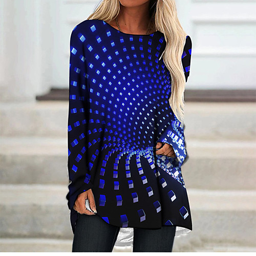 

Women's T Shirt Dress Tee Dress Short Mini Dress Blue Long Sleeve Color Block Geometric Print Fall Spring Round Neck 3D Print Casual 3D Print S M L XL XXL 3XL