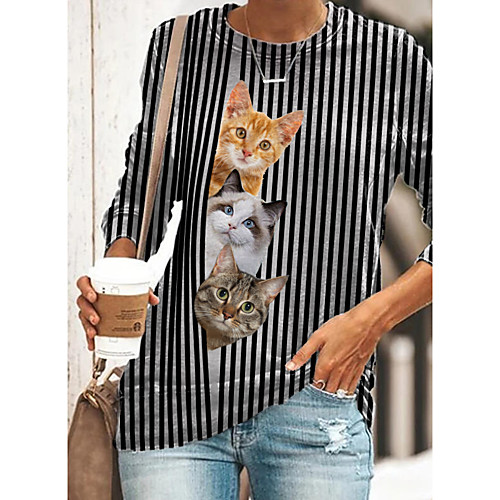 

Women's T shirt Cat Graphic 3D Long Sleeve Print Round Neck Tops Basic Basic Top Black