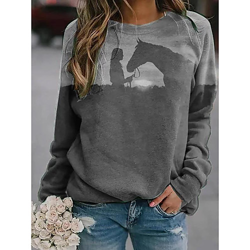 

Women's Pullover Sweatshirt Graphic Horse Print Daily Other Prints Basic Casual Hoodies Sweatshirts Gray