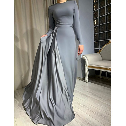 

Sheath / Column Minimalist Elegant Wedding Guest Formal Evening Dress Jewel Neck Long Sleeve Floor Length Satin with Pleats 2021