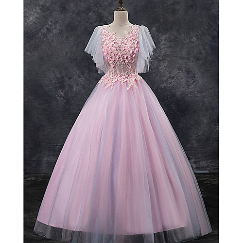 

Ball Gown Elegant Floral Quinceanera Formal Evening Dress Scoop Neck Short Sleeve Floor Length Tulle with Pleats Lace Insert Appliques 2021