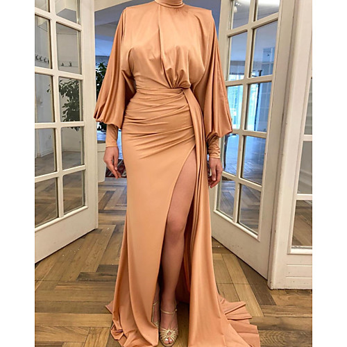 

Sheath / Column Minimalist Elegant Engagement Prom Dress High Neck Long Sleeve Sweep / Brush Train Stretch Satin with Ruched Split 2021