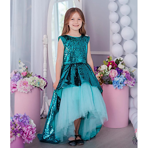

Princess / A-Line Asymmetrical Wedding / Party Flower Girl Dresses - Tulle / Sequined Sleeveless Jewel Neck with Splicing / Paillette