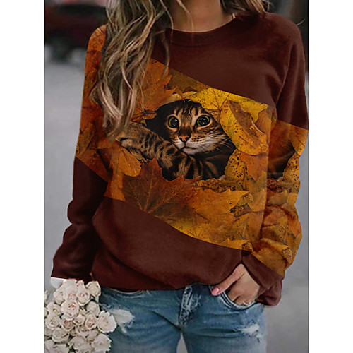 

Women's Pullover Sweatshirt Cat Graphic 3D Print Daily 3D Print Basic Casual Hoodies Sweatshirts Brown