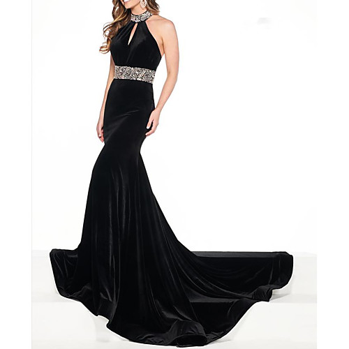 

Mermaid / Trumpet Beautiful Back Sexy Engagement Formal Evening Dress Halter Neck Sleeveless Court Train Velvet with Pleats Beading 2021