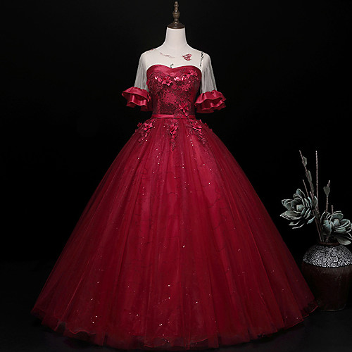 

A-Line Luxurious Floral Quinceanera Prom Dress Illusion Neck Half Sleeve Floor Length Tulle with Sequin Embroidery 2021