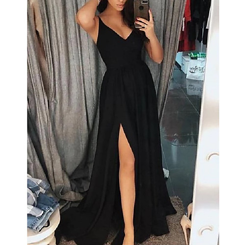

A-Line Minimalist Sexy Prom Formal Evening Dress V Neck Sleeveless Sweep / Brush Train Satin with Sleek Split 2021