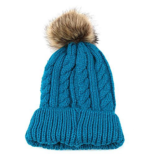 

Womens Beanie, Ladies Girls Winter Warm Chunky Braid Knitted Crochet Beanie with Large Pom Pom Cap SKI Snowboard Bobble Hats (Blue)
