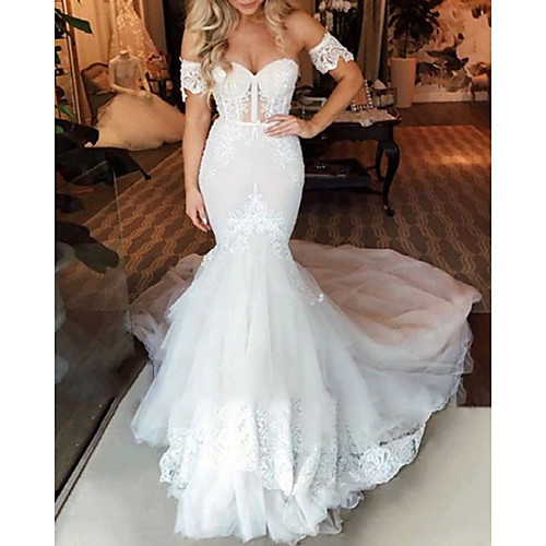 

Mermaid / Trumpet Wedding Dresses Strapless Court Train Lace Tulle Short Sleeve Romantic Luxurious with Appliques Cascading Ruffles 2021