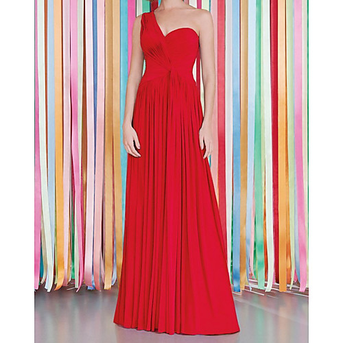 

Sheath / Column Minimalist Elegant Wedding Guest Formal Evening Dress One Shoulder Sleeveless Floor Length Chiffon with Pleats 2021