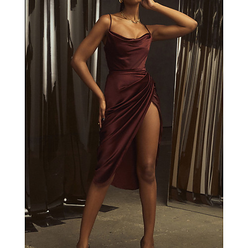 

Sheath / Column Minimalist Sexy Party Wear Cocktail Party Dress Scoop Neck Sleeveless Tea Length Satin with Ruched Split 2021