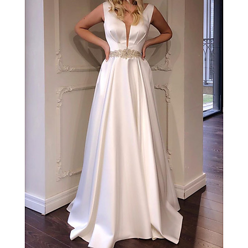 

A-Line Minimalist Elegant Engagement Formal Evening Dress V Neck Sleeveless Floor Length Italy Satin with Sash / Ribbon 2021