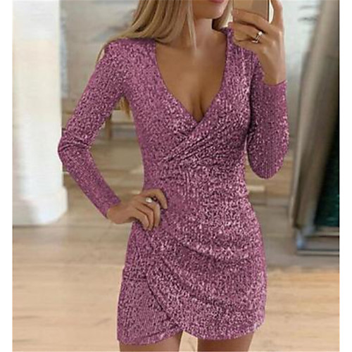 

Women's Bodycon Short Mini Dress Wine Black Gold Silver Gray Long Sleeve Solid Colored Sequins Deep V Spring Summer Deep V Hot Sexy Going out 2021 S M L XL XXL
