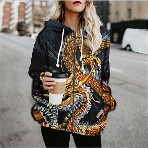 

Women's Print Print Fall & Winter Hoodied Jacket Regular Sports Long Sleeve Cotton Blend Coat Tops Black
