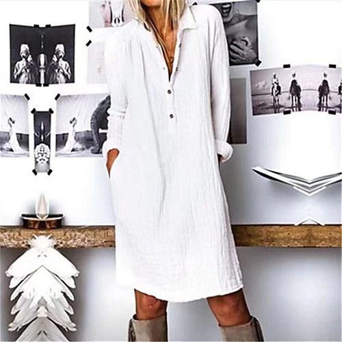 

Women's Shirt Dress Knee Length Dress White Yellow Royal Blue Long Sleeve Solid Color Fall Spring Shirt Collar Formal 2021 S M L XL XXL 3XL 4XL