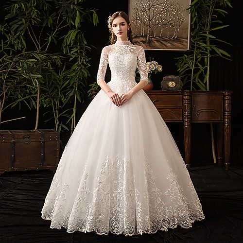 

Princess Ball Gown Wedding Dresses High Neck Floor Length Lace Tulle Half Sleeve Formal Romantic Luxurious with Appliques 2021