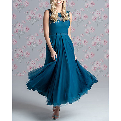 

A-Line Jewel Neck Floor Length Lace / Tulle Bridesmaid Dress with Bow(s) / Pleats / Appliques