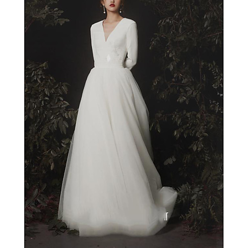 

A-Line Wedding Dresses V Neck Floor Length Tulle Stretch Fabric Half Sleeve Country Formal Simple with Pleats Appliques 2021