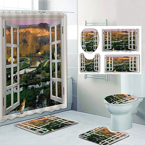 

Bathroom Shower Curtain & Mat Set Classic Polyester Waterproof