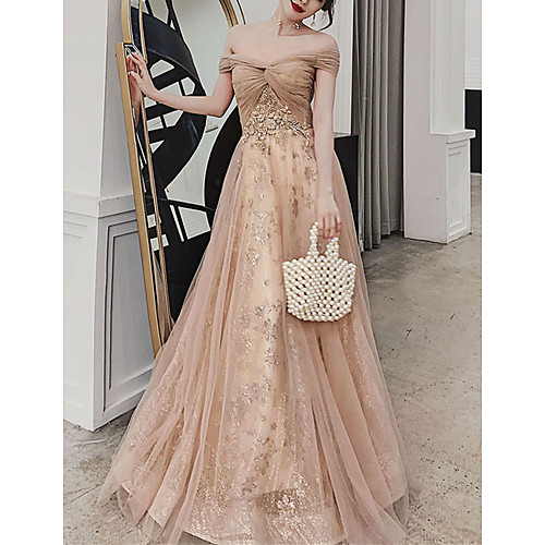 

A-Line Glittering Floral Wedding Guest Formal Evening Dress Off Shoulder Sleeveless Floor Length Tulle with Pleats Sequin Appliques 2021