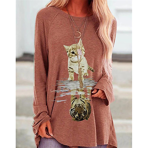 

Women's Plus Size T shirt Dress Tunic Blouse Cat Long Sleeve Print Round Neck Tops Basic Top Black Blue Red