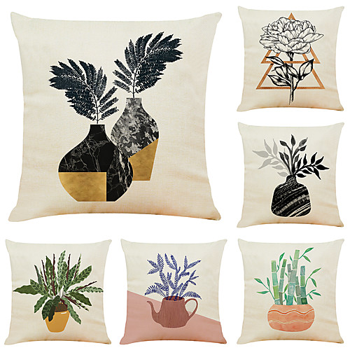 

6 pcs Linen Pillow Cover, Floral&Plants Simple Modern Square Zipper Traditional Classic