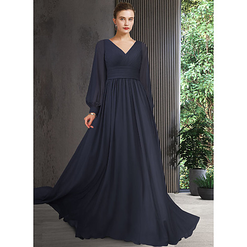 

A-Line Mother of the Bride Dress Elegant V Neck Floor Length Chiffon Long Sleeve with Pleats 2021