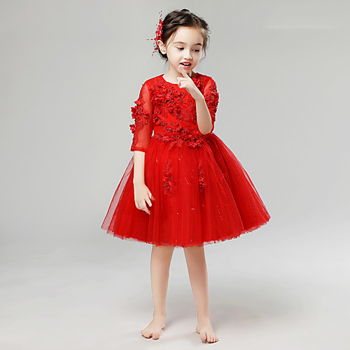 

Princess Above Knee Birthday / Holiday Flower Girl Dresses - Lace / Tulle Half Sleeve Jewel Neck with Lace / Tier / Appliques