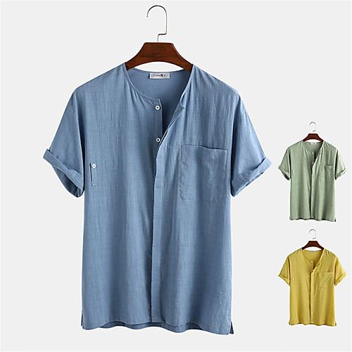 

Men's Shirt non-printing Solid Colored Button-Down Print Short Sleeve Daily Tops 100% Cotton Casual Blue Yellow Green