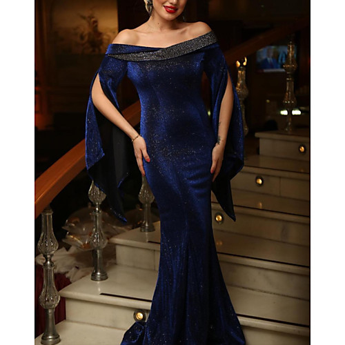 

Mermaid / Trumpet Glittering Sexy Wedding Guest Formal Evening Dress Off Shoulder Long Sleeve Sweep / Brush Train Velvet with Sleek 2021