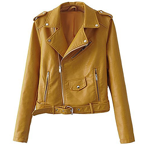 

Women's Biker Style Zipper Leather Hooded Faux Leather Jackets Short Fitted Outwear Yellow L