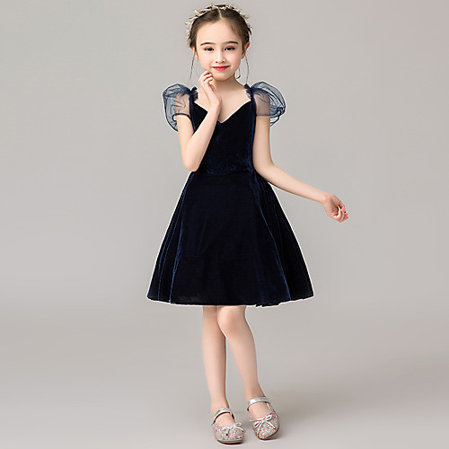 

A-Line Short / Mini Holiday / Homecoming Flower Girl Dresses - Velvet Short Sleeve V Neck / Spaghetti Strap with Solid / Splicing