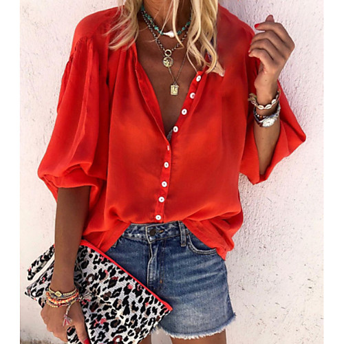 

Women's Blouse Shirt Solid Colored Plain Long Sleeve Print Shirt Collar Tops Basic Top Blue Red Yellow