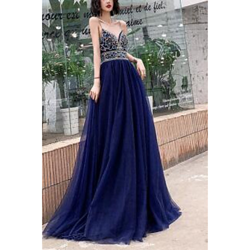 

A-Line Luxurious Floral Wedding Guest Prom Dress Spaghetti Strap Sleeveless Floor Length Tulle with Pleats Embroidery 2021