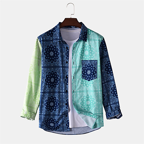 

Men's Shirt Other Prints Patchwork Floral Button-Down Print Long Sleeve Daily Tops Ethnic Style Casual Blue