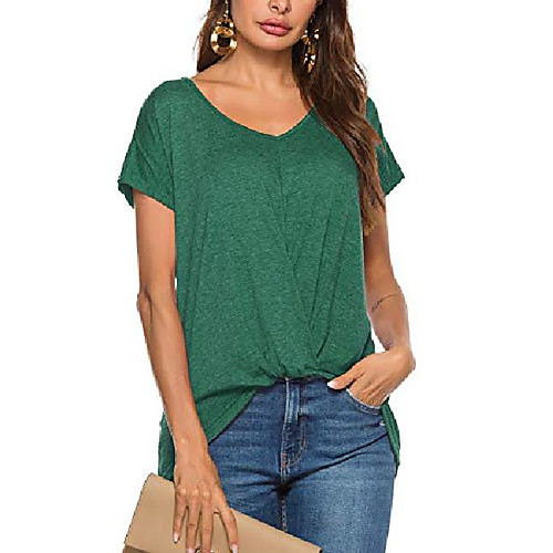 

Women's Basic Loose Fit Tops Front Twist Knot Short Sleeve Solid Color T-Shirt Cotton Blouses Green XXL
