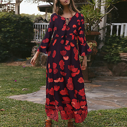 

Women's T Shirt Dress Tee Dress Maxi long Dress Red Orange Long Sleeve Floral Split Patchwork Print Fall Spring Round Neck Casual 2021 S M L XL