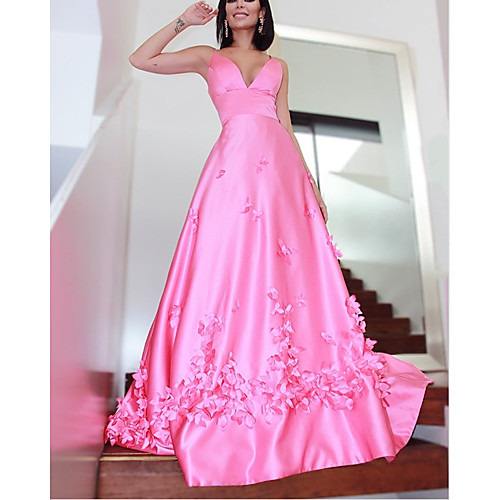 

A-Line Sexy Floral Engagement Formal Evening Dress V Neck Sleeveless Sweep / Brush Train Satin with Appliques 2021