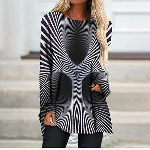 

Women's T Shirt Dress Tee Dress Short Mini Dress Black Long Sleeve Color Block Geometric Print Fall Spring Round Neck 3D Print Casual 3D Print S M L XL XXL 3XL